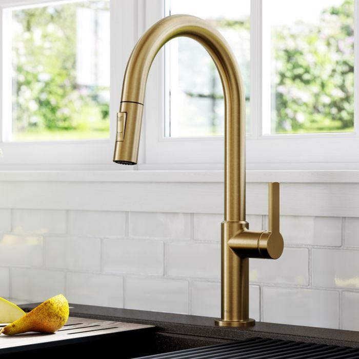 KRAUS Oletto Single Handle Pull-Down Kitchen Faucet in Brushed Brass