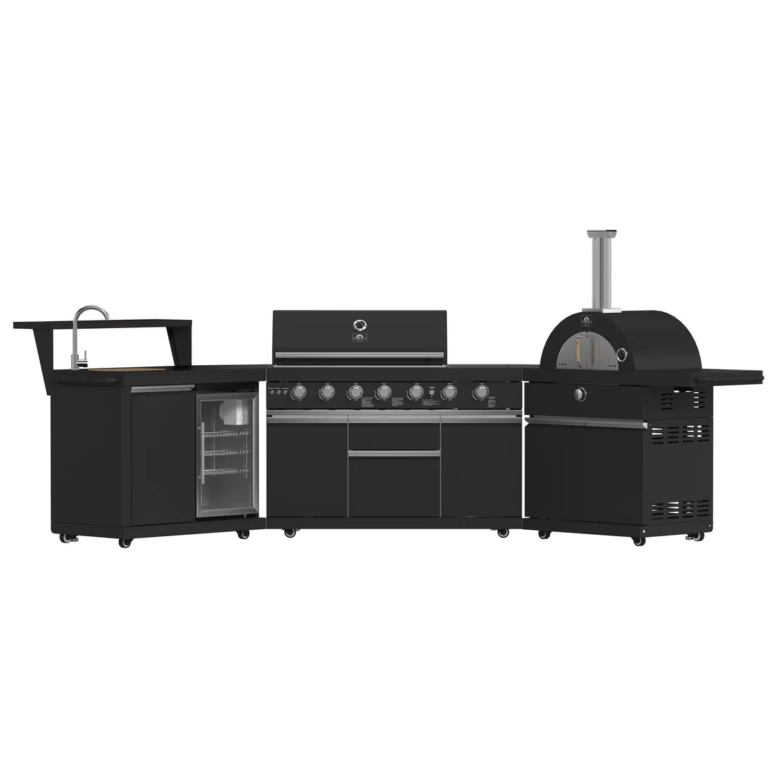 FORNO Forno/FODKT2551BLK Outdoor Kitchen w/ BBQ, Sink & Bar Module, Gas Pizza Oven - Black