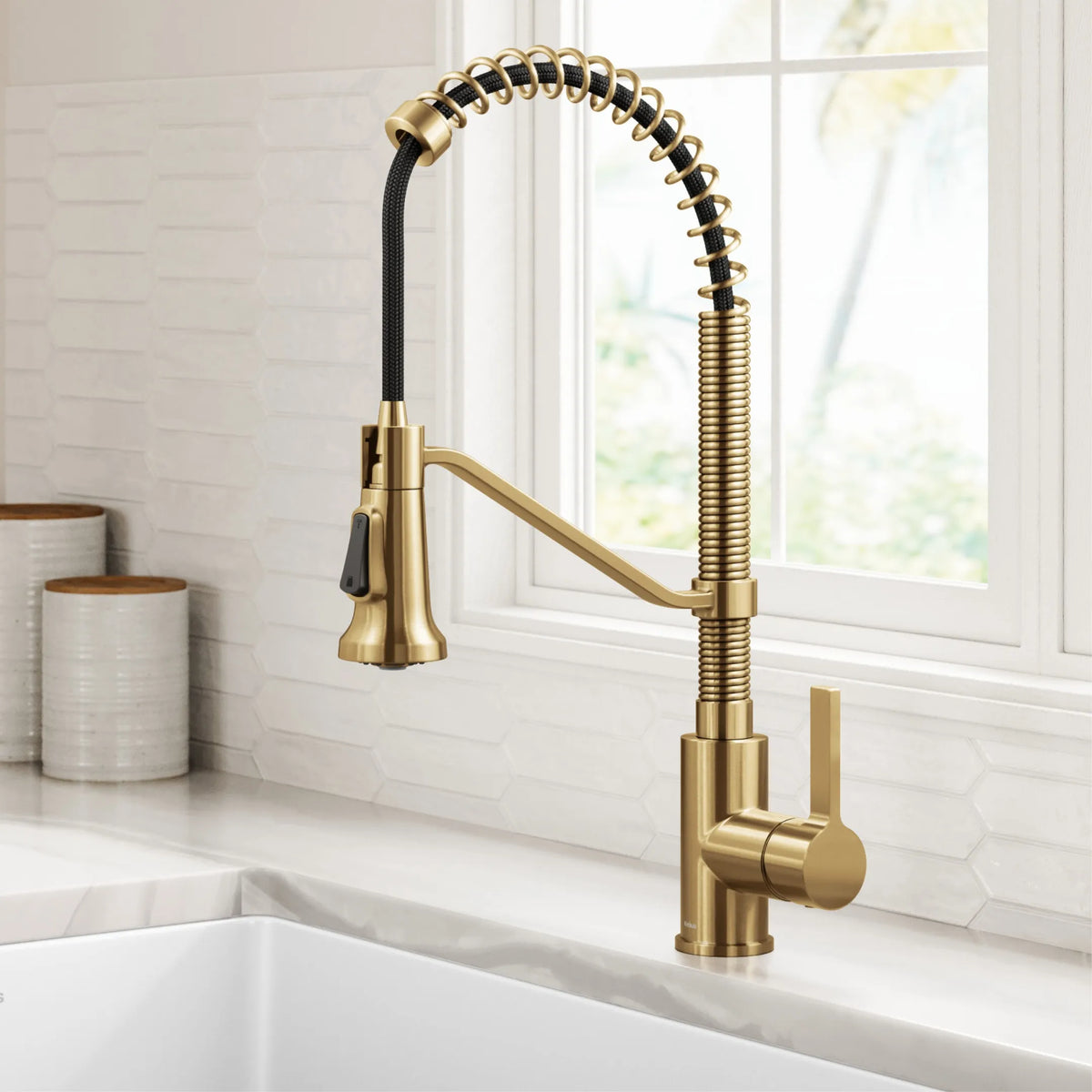 KRAUS Commercial Style 2-Function Single Handle Pull Down Kitchen Faucet in Brushed Brass