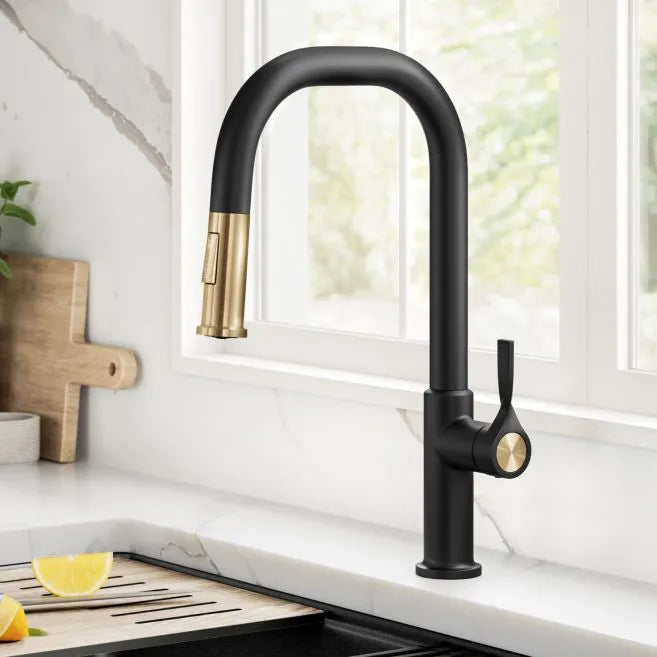 KRAUS KPF-2841SFBBMB 2-Function Single Handle Pull Down Kitchen Faucet in Brushed Brass / Matte Black