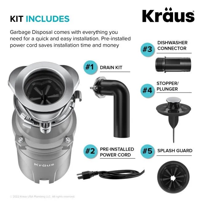 KRAUS KWD210-50MGR 1/2 HP Continuous Feed Ultra-Quiet Motor Garbage Disposal