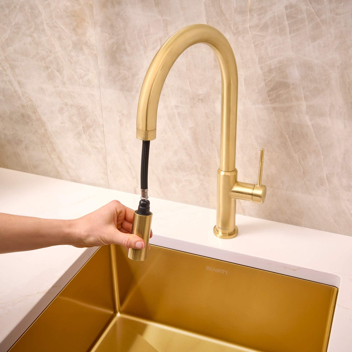 RUVATI RVF1237SG Vestia Pull Down Kitchen Faucet Knurled Modern in Brushed Gold
