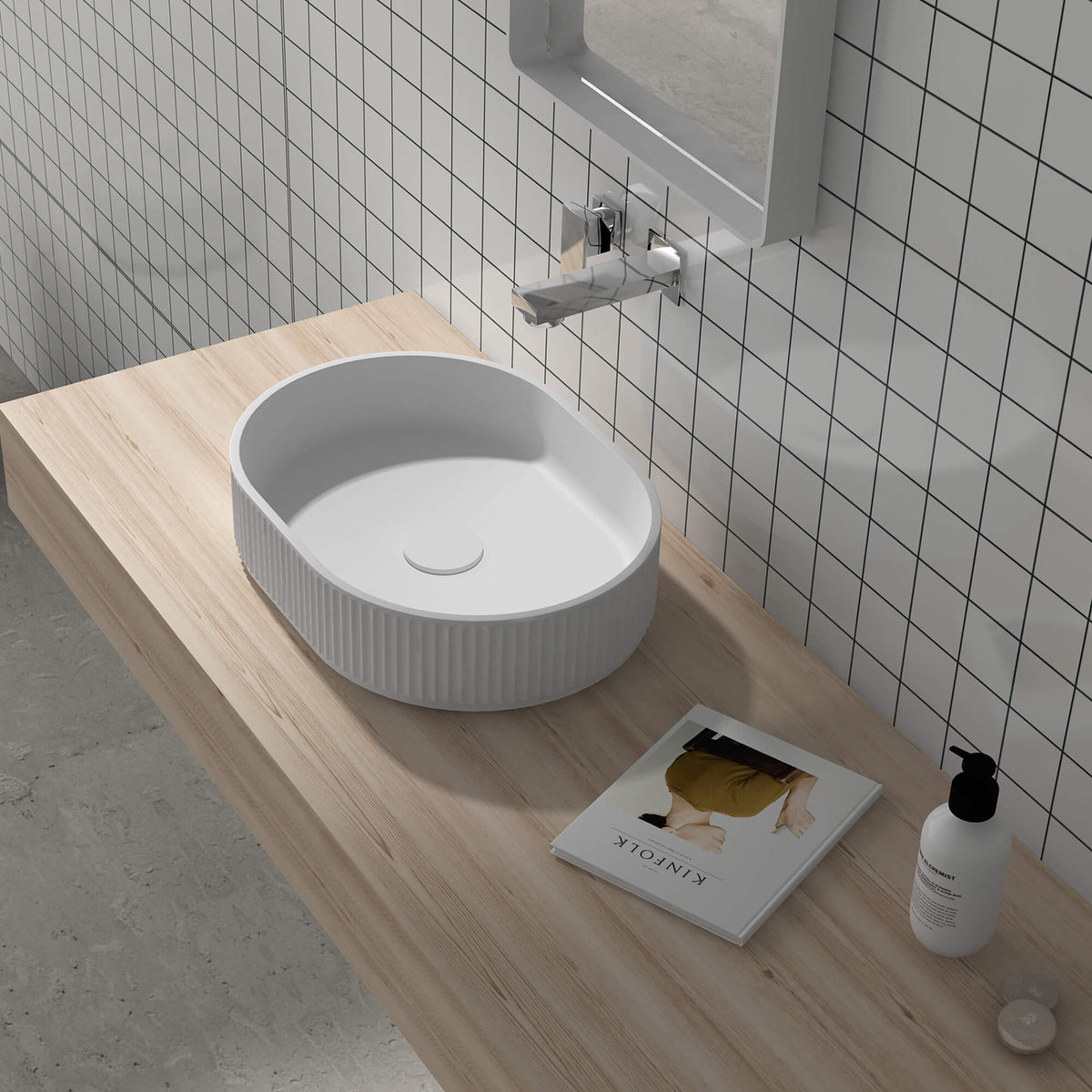 RUVATI RVB2819WH Fluted Vessel Sink epiStone  Modern Oval Matte White
