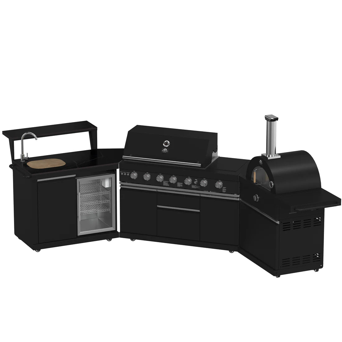 FORNO Forno/FODKT2551BLK Outdoor Kitchen w/ BBQ, Sink & Bar Module, Gas Pizza Oven - Black