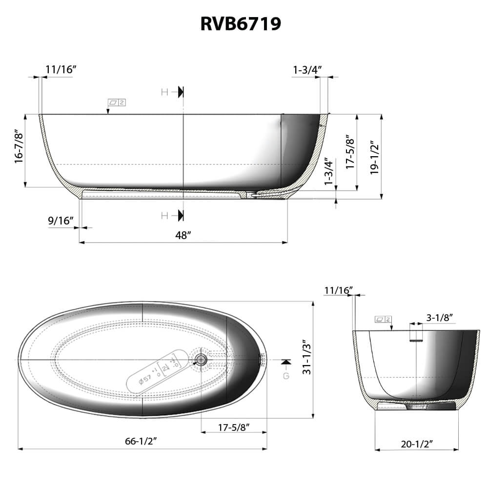 RUVATI RVB6719WH 66-inch Matte White epiStone Solid Surface Oval Bath Tub
