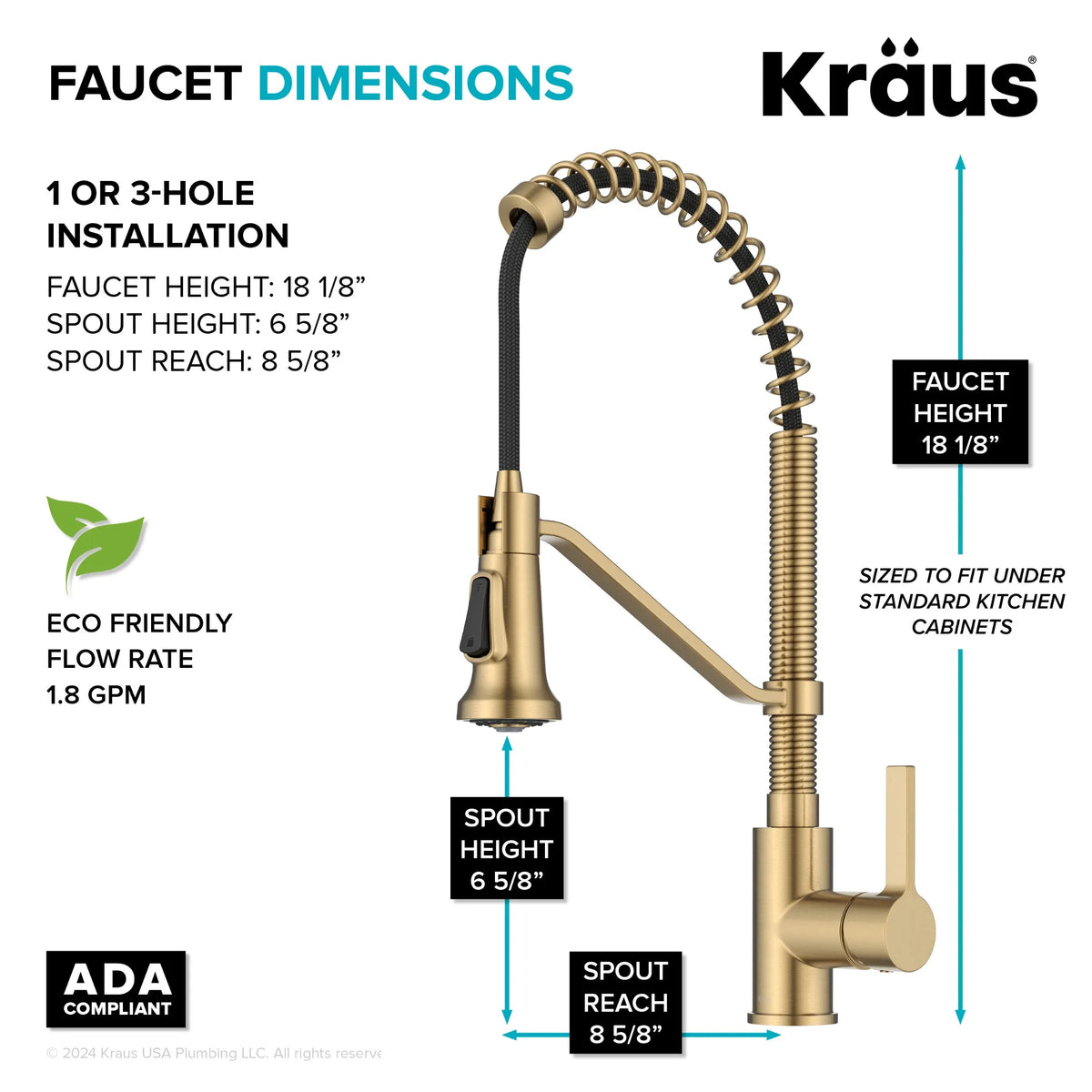 KRAUS Commercial Style 2-Function Single Handle Pull Down Kitchen Faucet in Brushed Brass