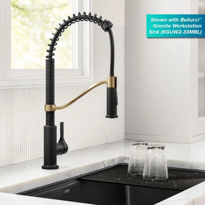 KRAUS KPF-2635SFBBMB Commercial Style 2-Function Single Handle Pull Down Kitchen Faucet in Brushed Brass / Matte Black