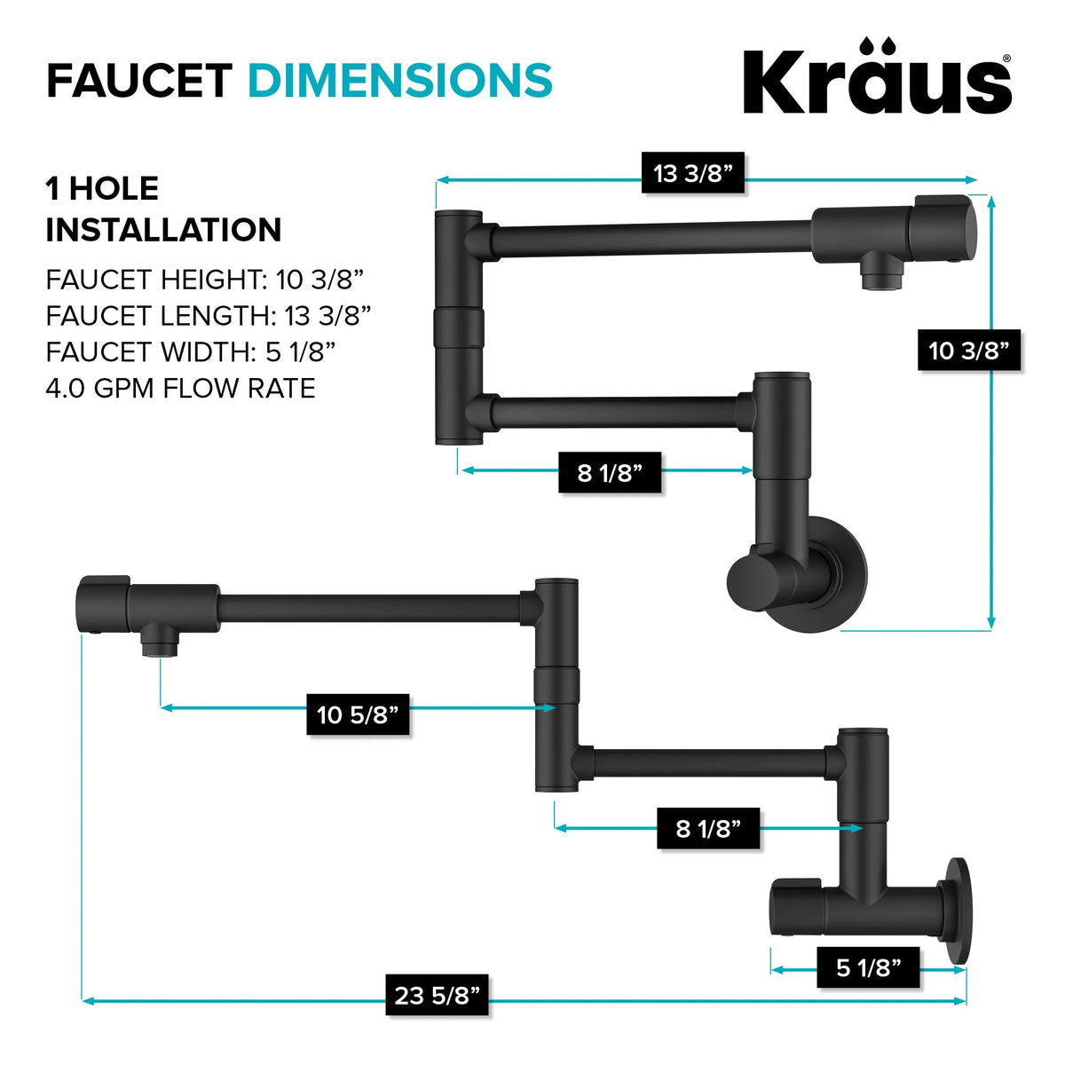 KRAUS KPF-5003MB Bolden 2 Handle Wall Mount Pot Filler in Matte Black