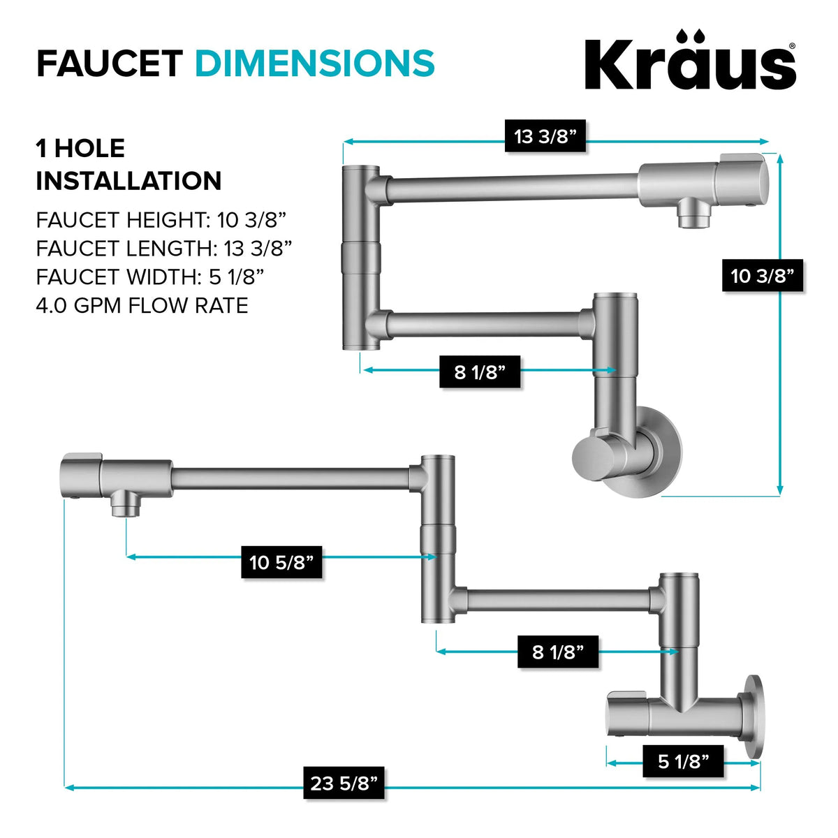 KRAUS KPF-5003SFS Bolden 2 Handle Wall Mount Pot Filler in Spot-Free Stainless Steel