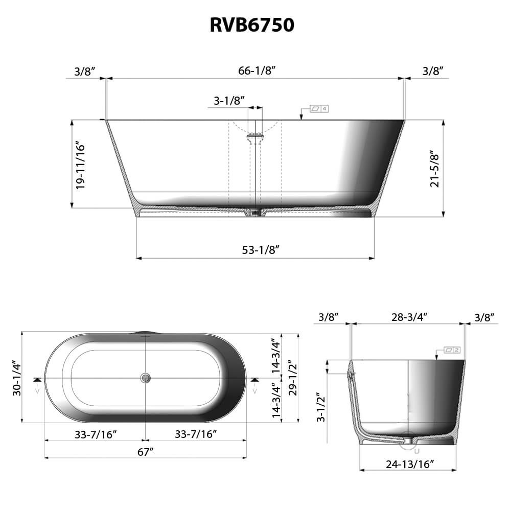 RUVATI RVB6750WH 67-inch White epiStone Solid Surface Oval Bath Tub