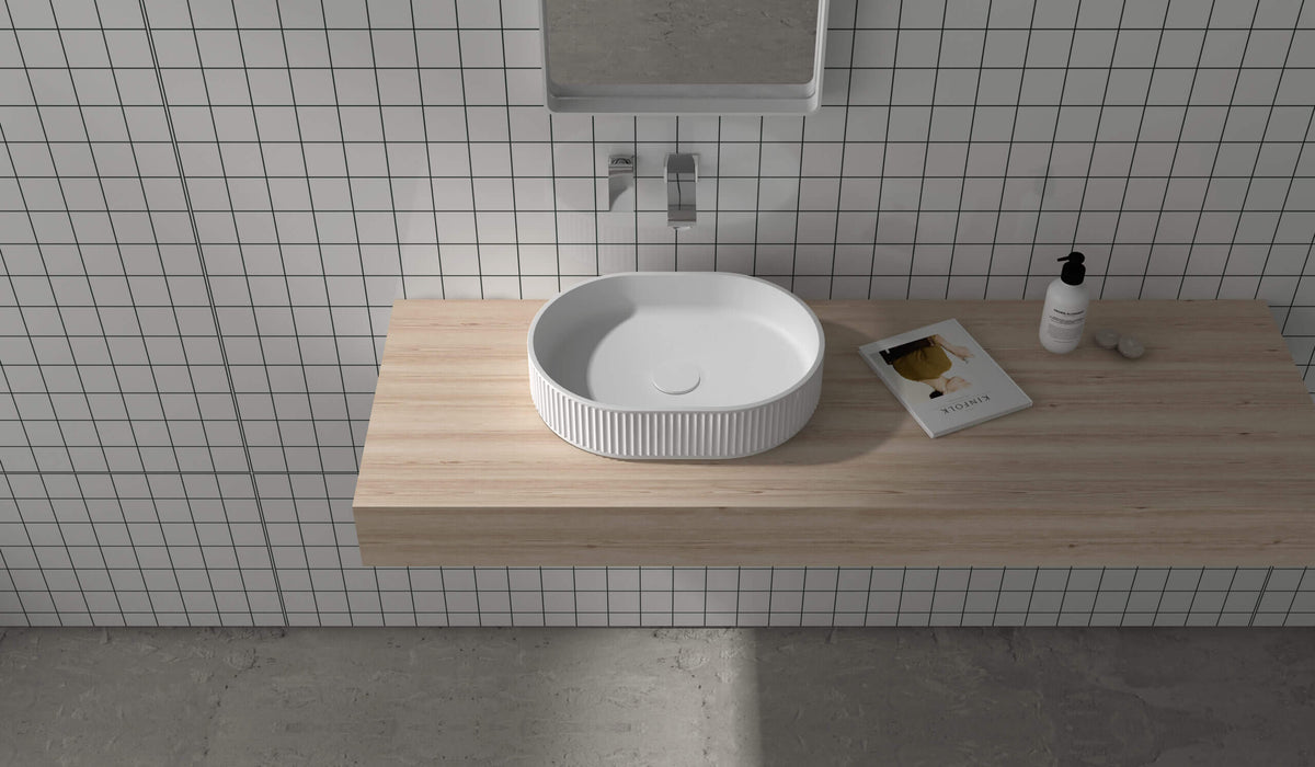 RUVATI RVB2819WH Fluted Vessel Sink epiStone  Modern Oval Matte White