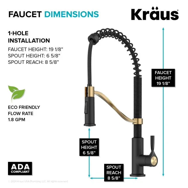 KRAUS KPF-2635SFBBMB Commercial Style 2-Function Single Handle Pull Down Kitchen Faucet in Brushed Brass / Matte Black