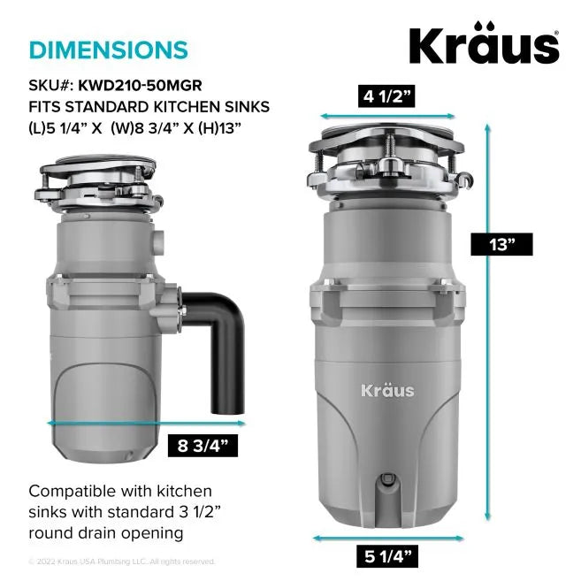 KRAUS KWD210-50MGR 1/2 HP Continuous Feed Ultra-Quiet Motor Garbage Disposal