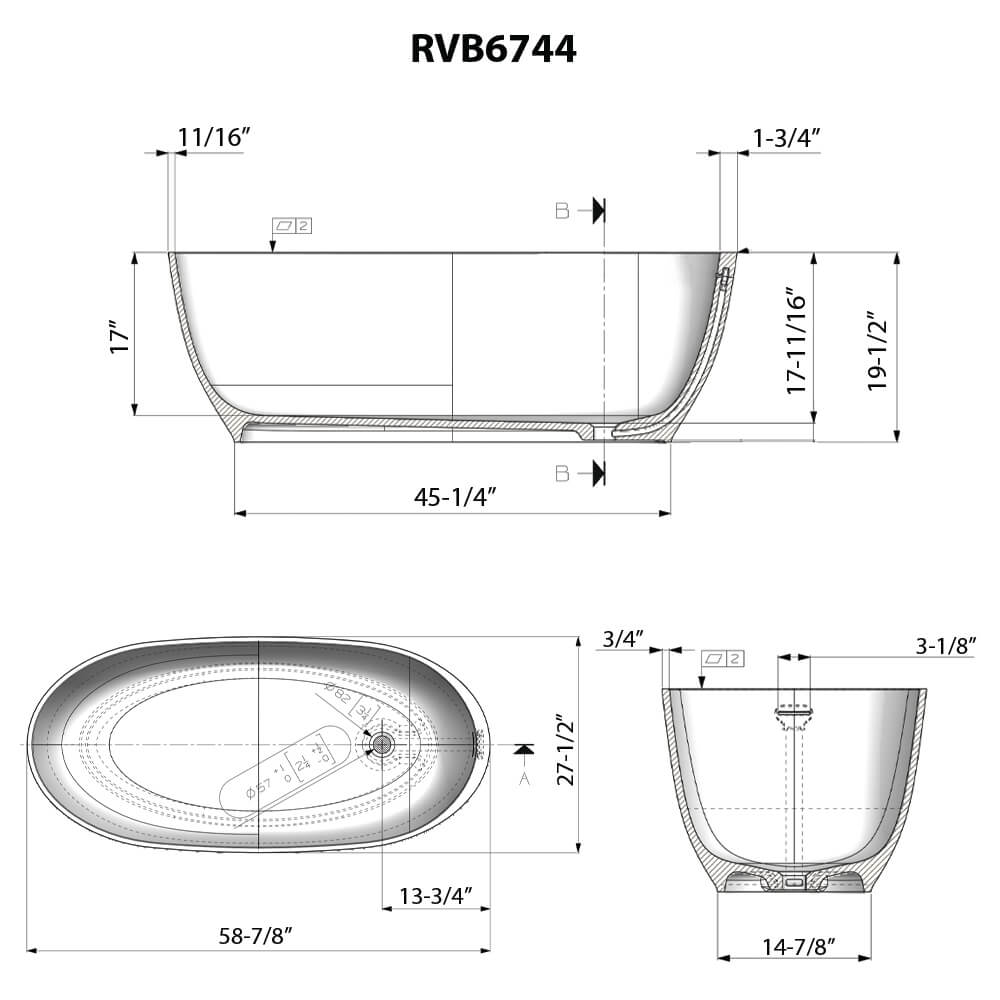RUVATI RVB6744WH 59-inch Matte White epiStone Solid Surface Oval Bath Tub