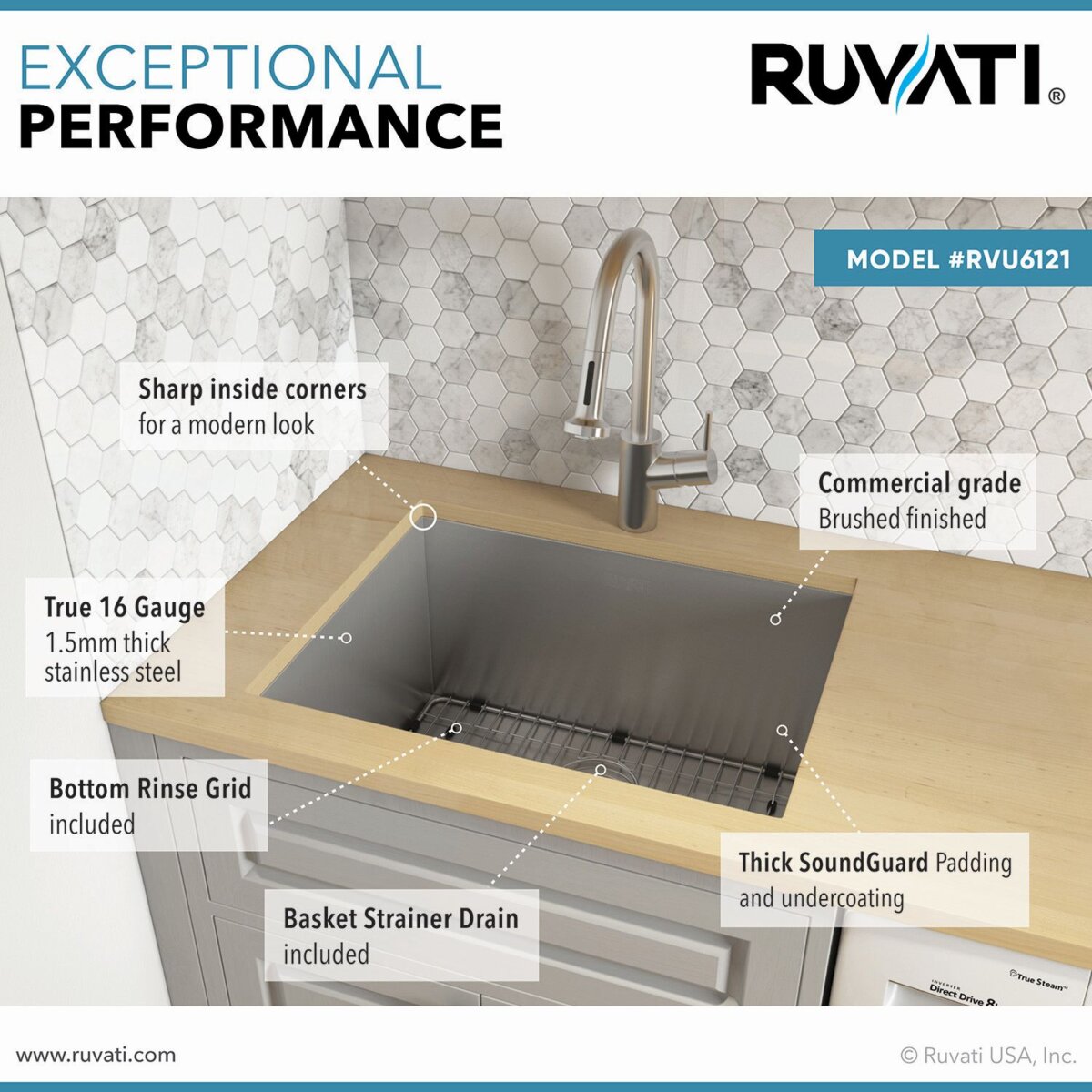 RUVATI RVU6121 21″ x 18″ x 12″ Deep Laundry Utility Sink Undermount 16 Gauge Stainless Steel