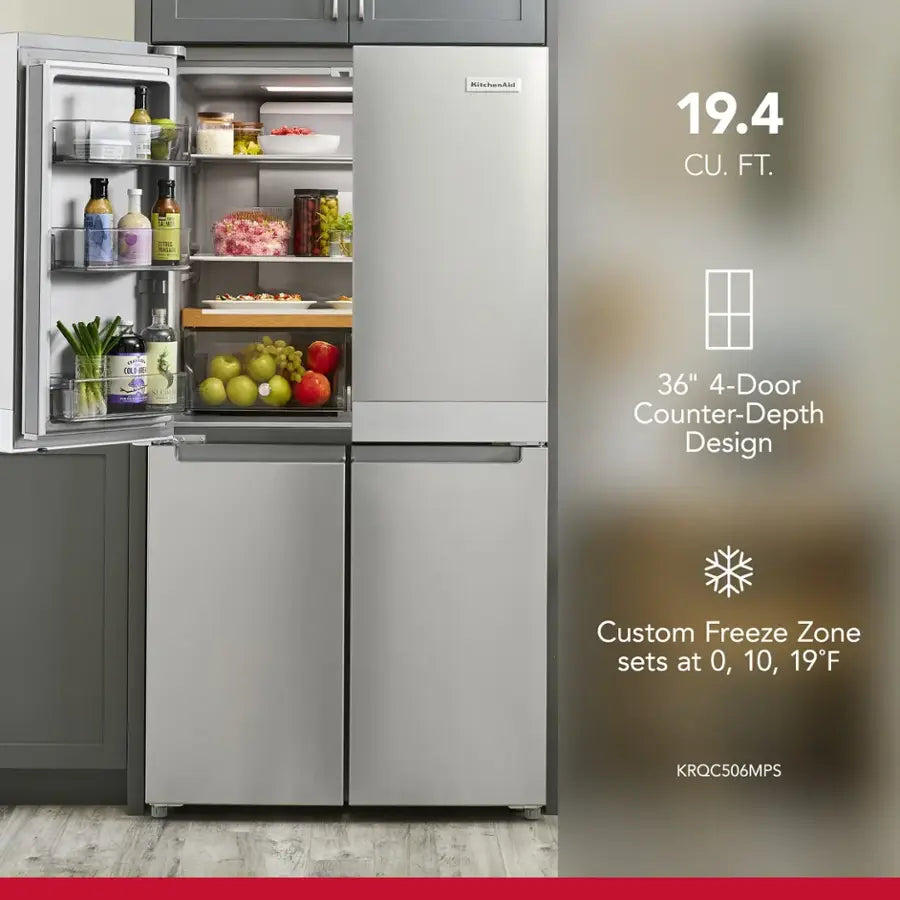 KITCHENAID KRQC506MPS 36-inch wide Counter-Depth 4-Door Refrigerator