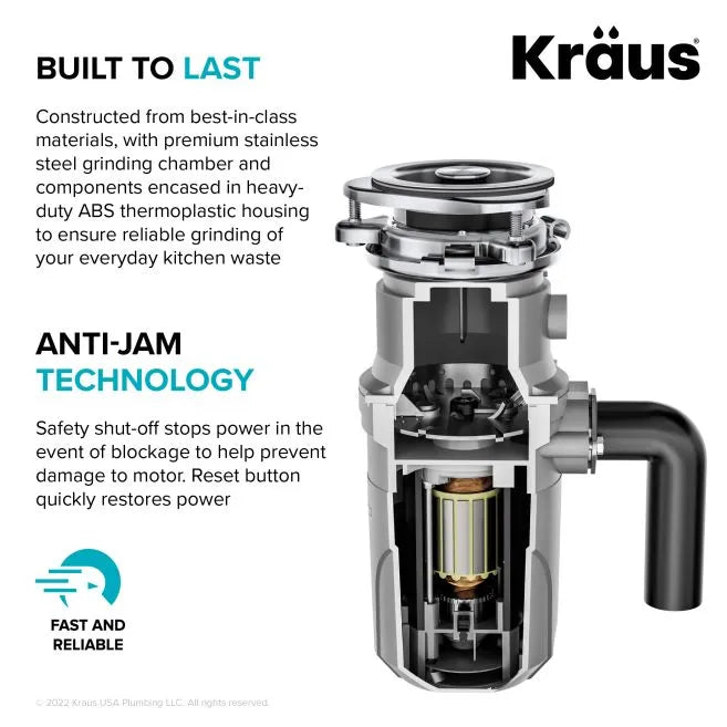 KRAUS KWD210-50MGR 1/2 HP Continuous Feed Ultra-Quiet Motor Garbage Disposal