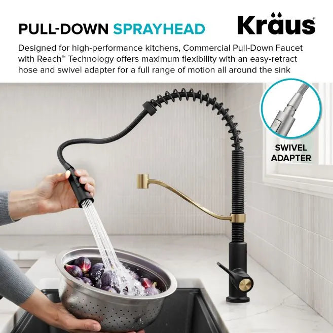 KRAUS KPF-2635SFBBMB Commercial Style 2-Function Single Handle Pull Down Kitchen Faucet in Brushed Brass / Matte Black