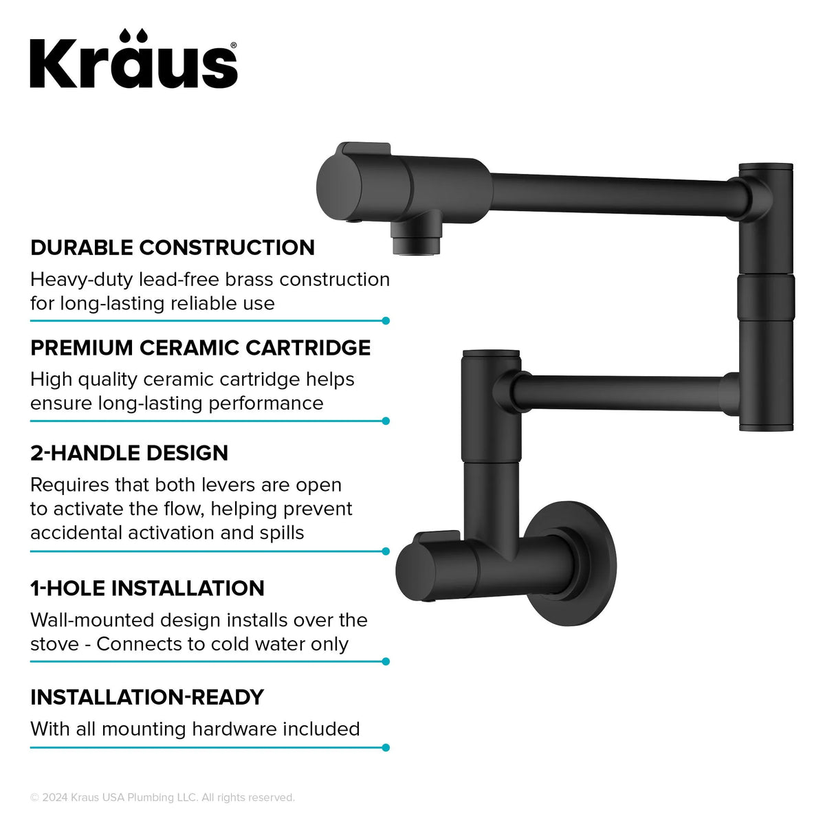 KRAUS KPF-5003MB Bolden 2 Handle Wall Mount Pot Filler in Matte Black