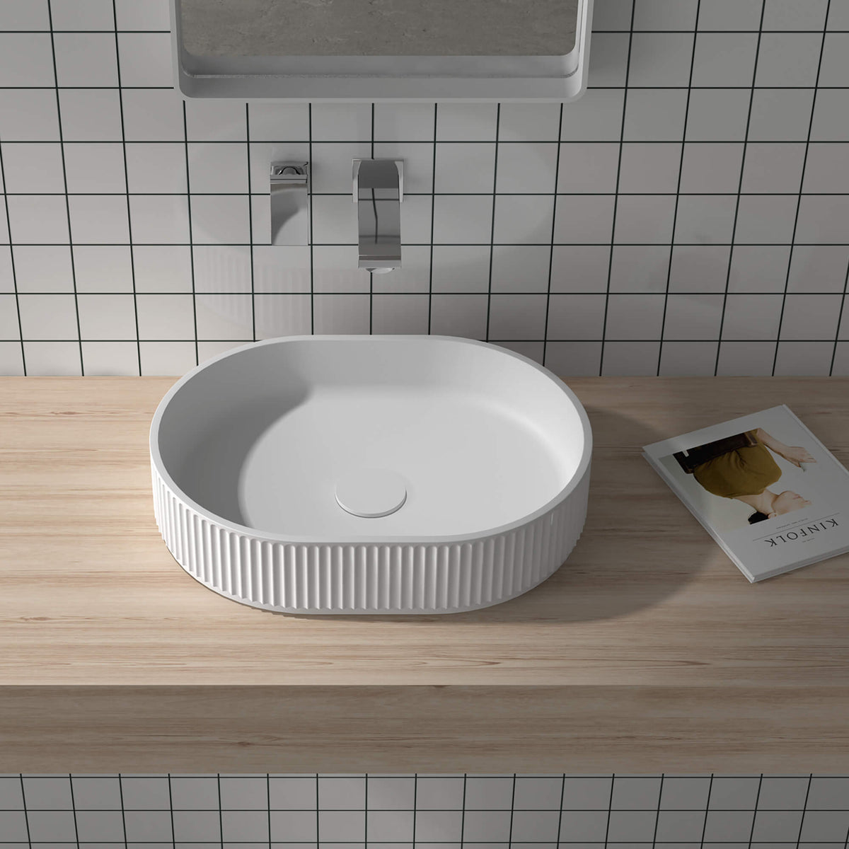 RUVATI RVB2819WH Fluted Vessel Sink epiStone  Modern Oval Matte White