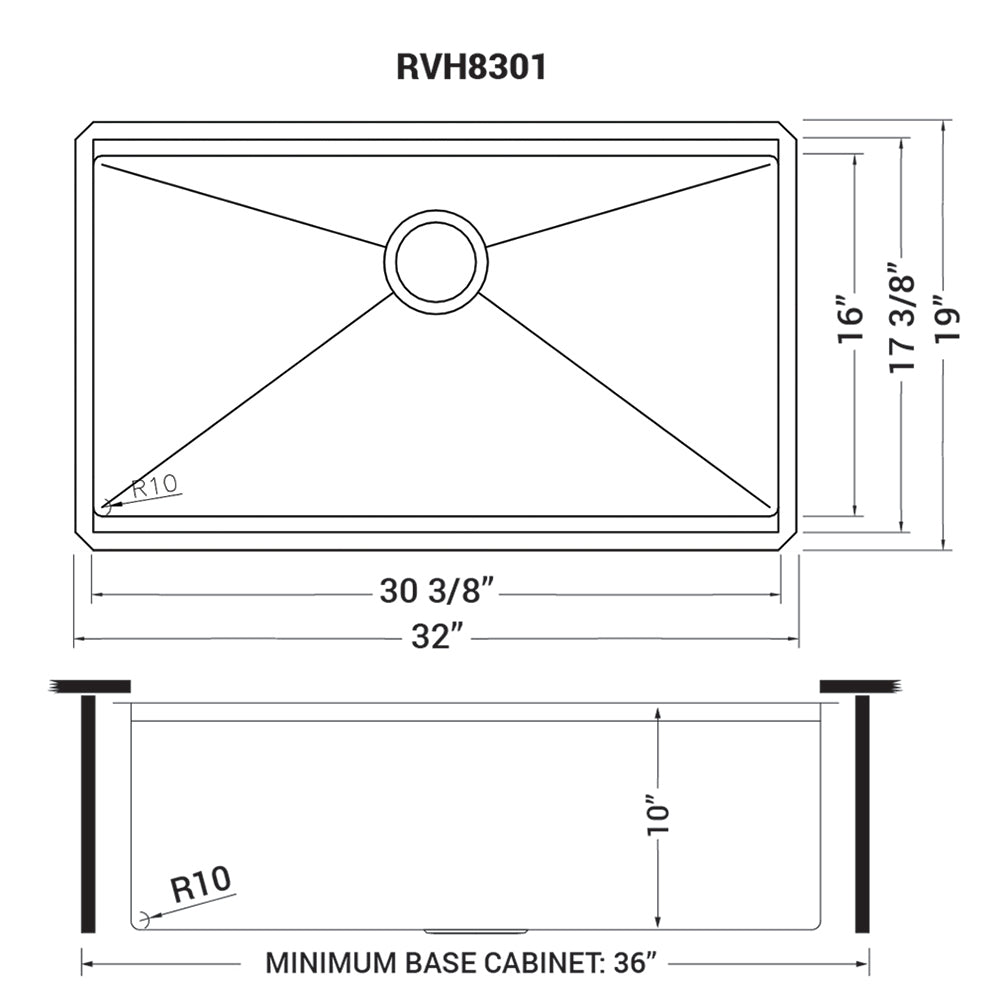 RUVATI RVH8301 32-inch Workstation Ledge Rounded Corners Undermount