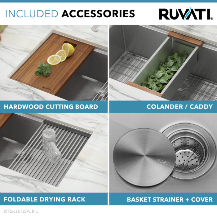 RUVATI RVH8310 30-inch Workstation Ledge Undermount 16 Gauge Stainless Steel Kitchen Sink