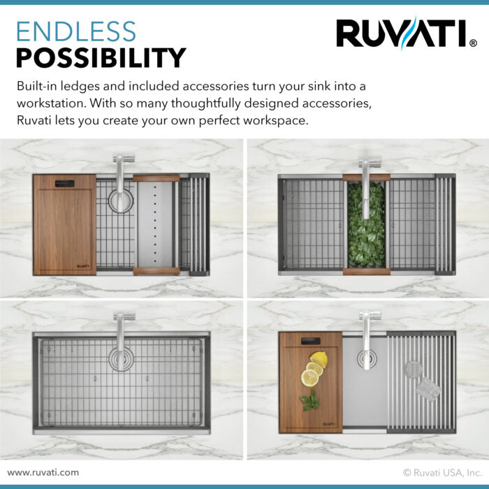 RUVATI RVH8310 30-inch Workstation Ledge Undermount 16 Gauge Stainless Steel Kitchen Sink