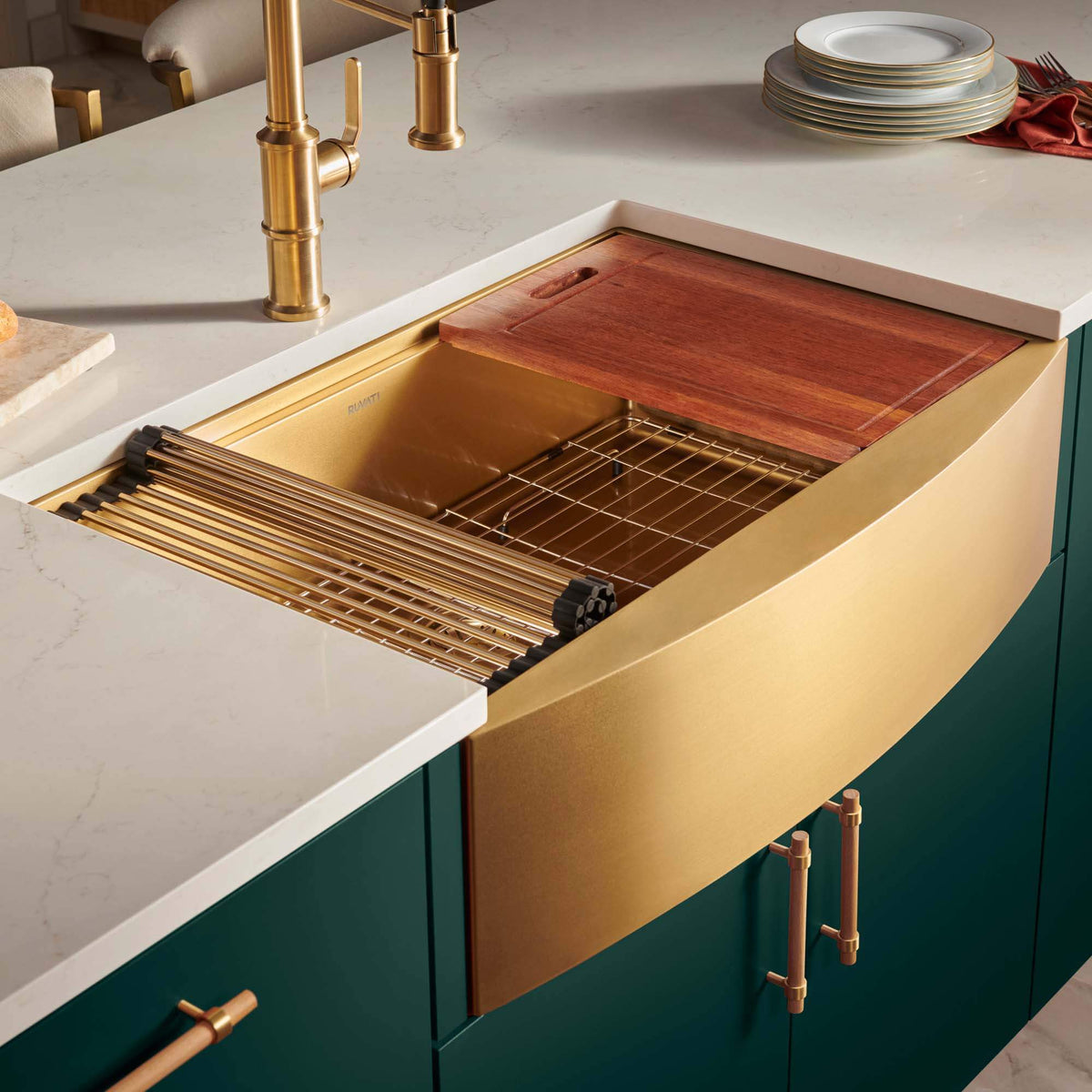RUVATI Monaco Matte Gold Workstation Apron-Front Kitchen Sink