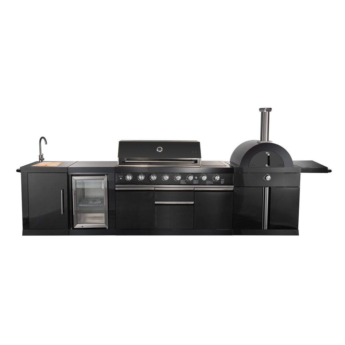 FORNO FODKT2551BLK Outdoor Kitchen w/ BBQ, Sink & Bar Module, Gas Pizza Oven - Black