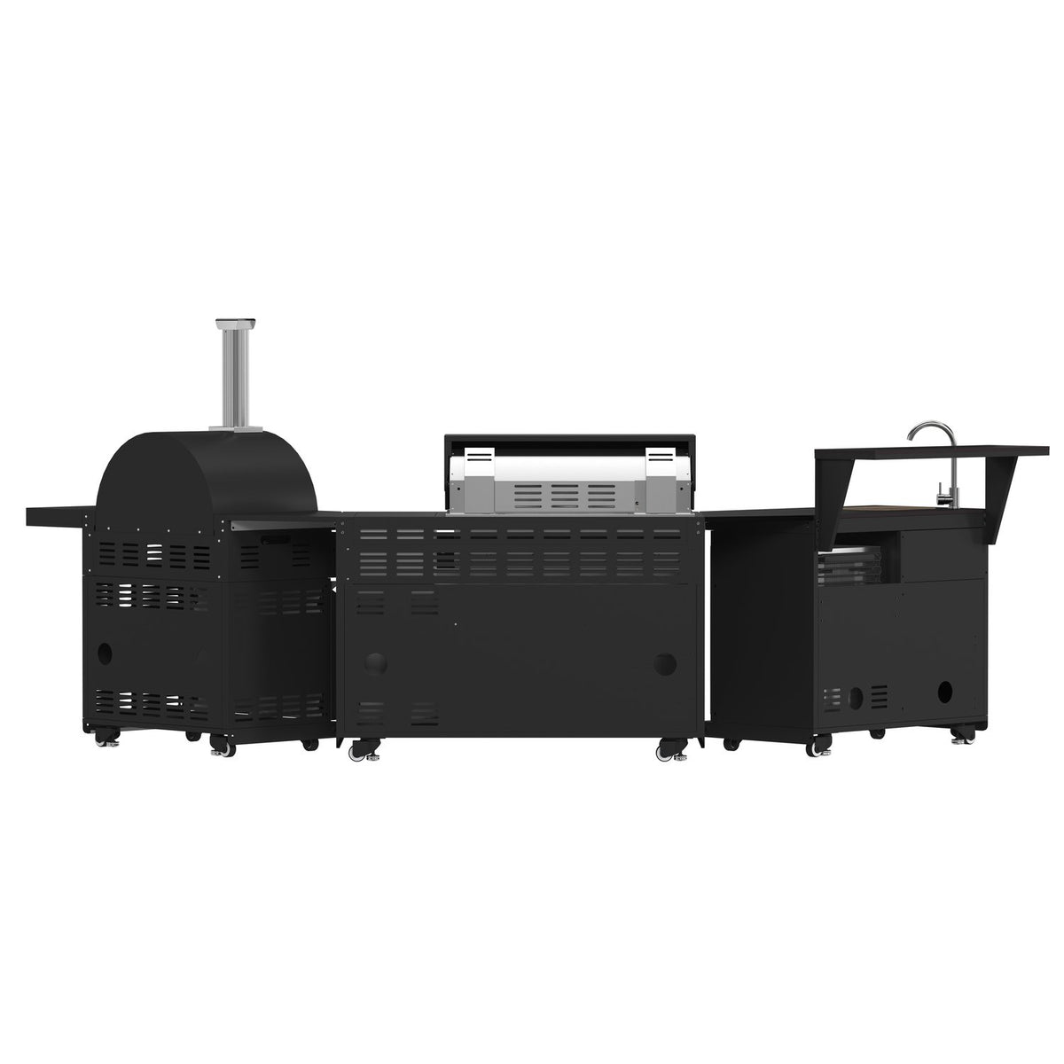 FORNO FODKT2551BLK Outdoor Kitchen w/ BBQ, Sink & Bar Module, Gas Pizza Oven - Black