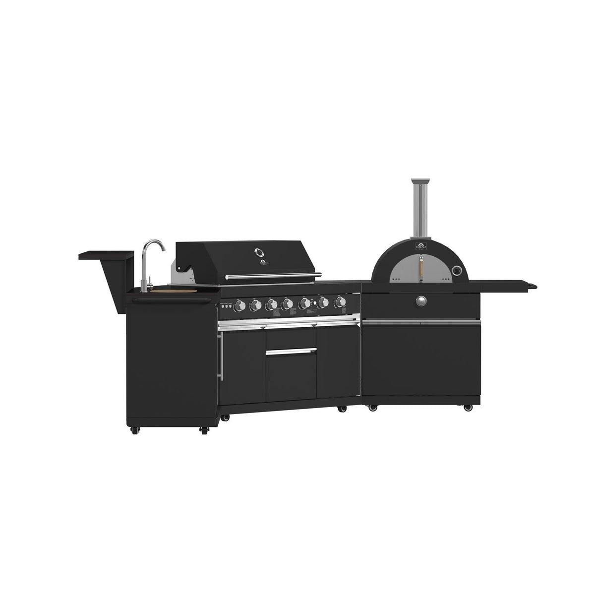 FORNO FODKT2551BLK Outdoor Kitchen w/ BBQ, Sink & Bar Module, Gas Pizza Oven - Black