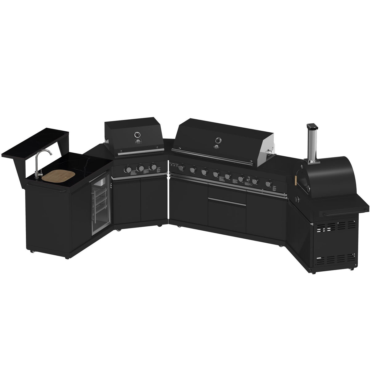 FORNO FODKT2568BLK Outdoor Kitchen w/ BBQ, Plancha, Gas Pizza Oven, Sink & Bar Module - Black