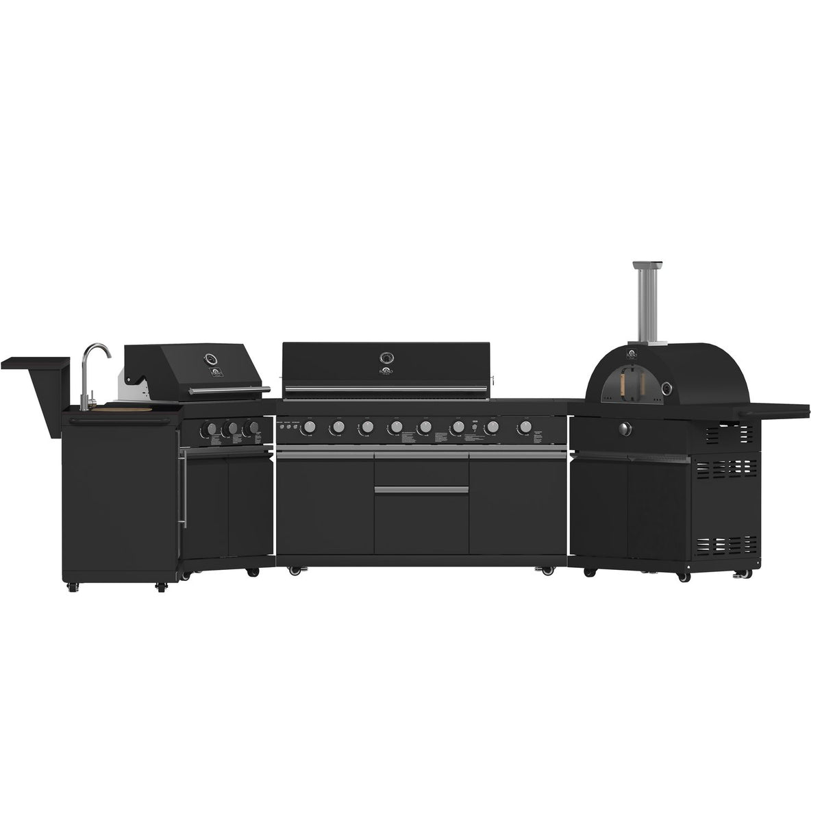 FORNO FODKT2568BLK Outdoor Kitchen w/ BBQ, Plancha, Gas Pizza Oven, Sink & Bar Module - Black