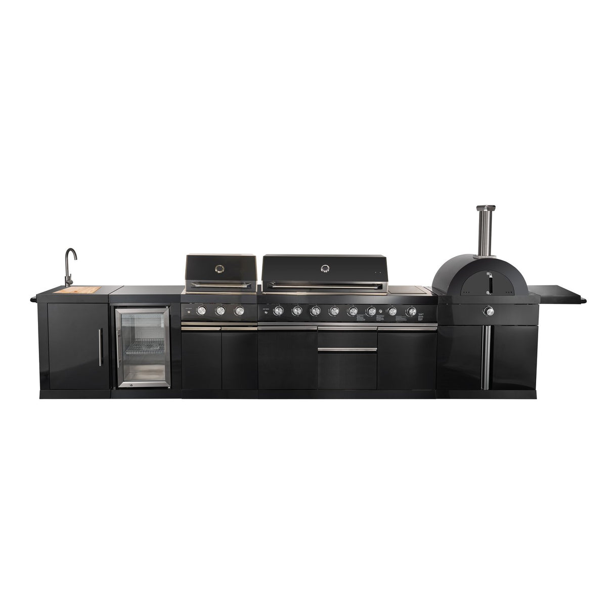 FORNO FODKT2568BLK Outdoor Kitchen w/ BBQ, Plancha, Gas Pizza Oven, Sink & Bar Module - Black