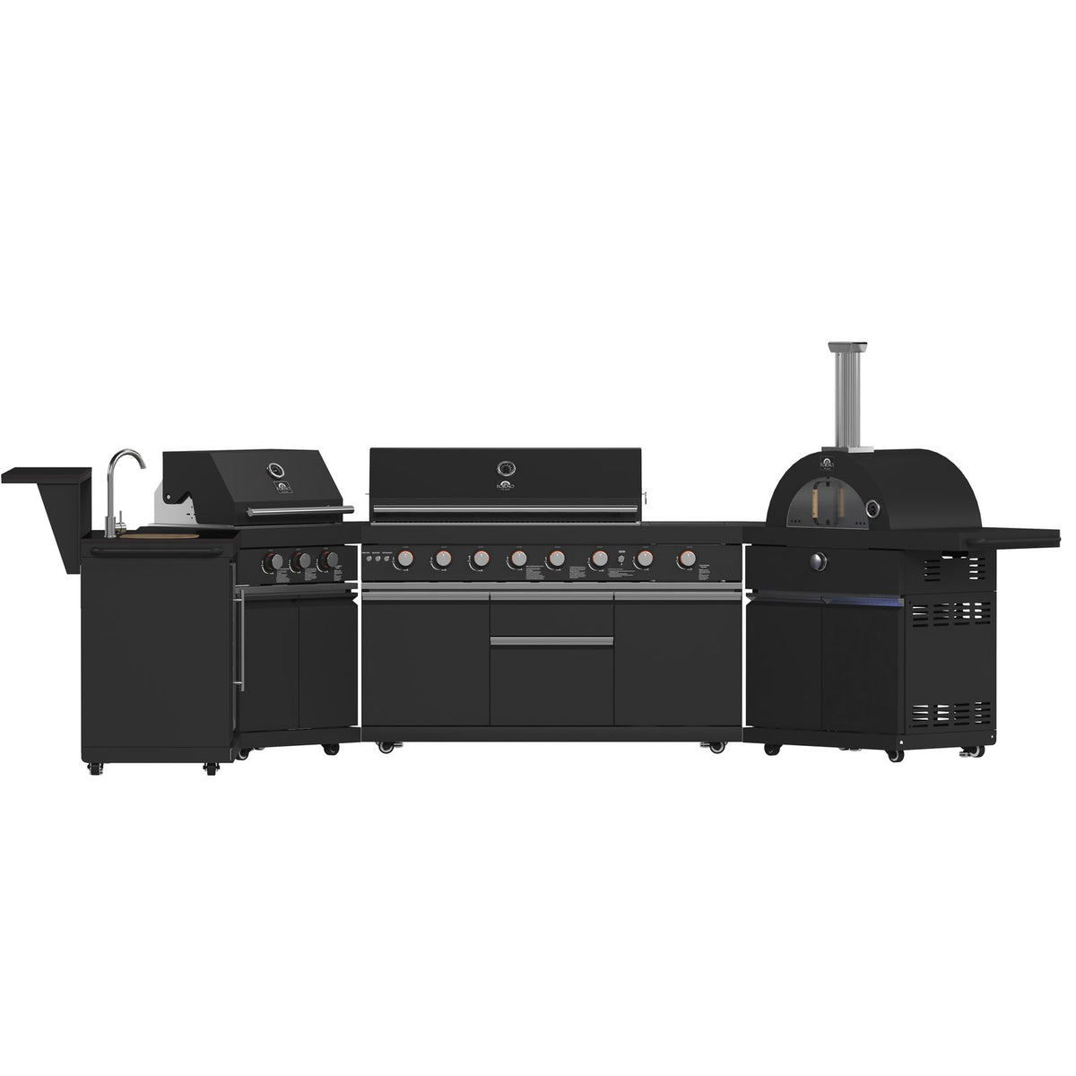 FORNO FODKT2568BLK Outdoor Kitchen w/ BBQ, Plancha, Gas Pizza Oven, Sink & Bar Module - Black