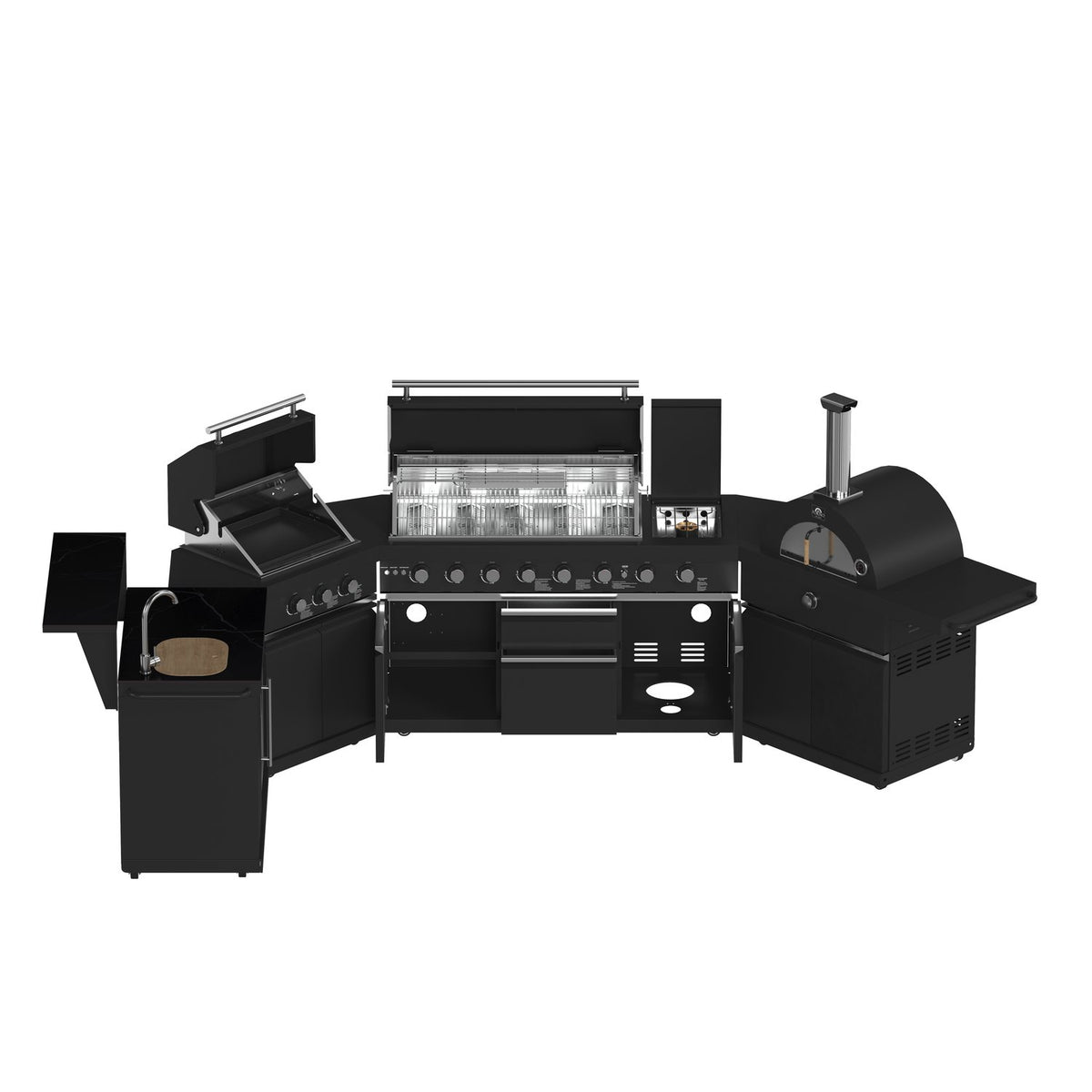 FORNO FODKT2568BLK Outdoor Kitchen w/ BBQ, Plancha, Gas Pizza Oven, Sink & Bar Module - Black