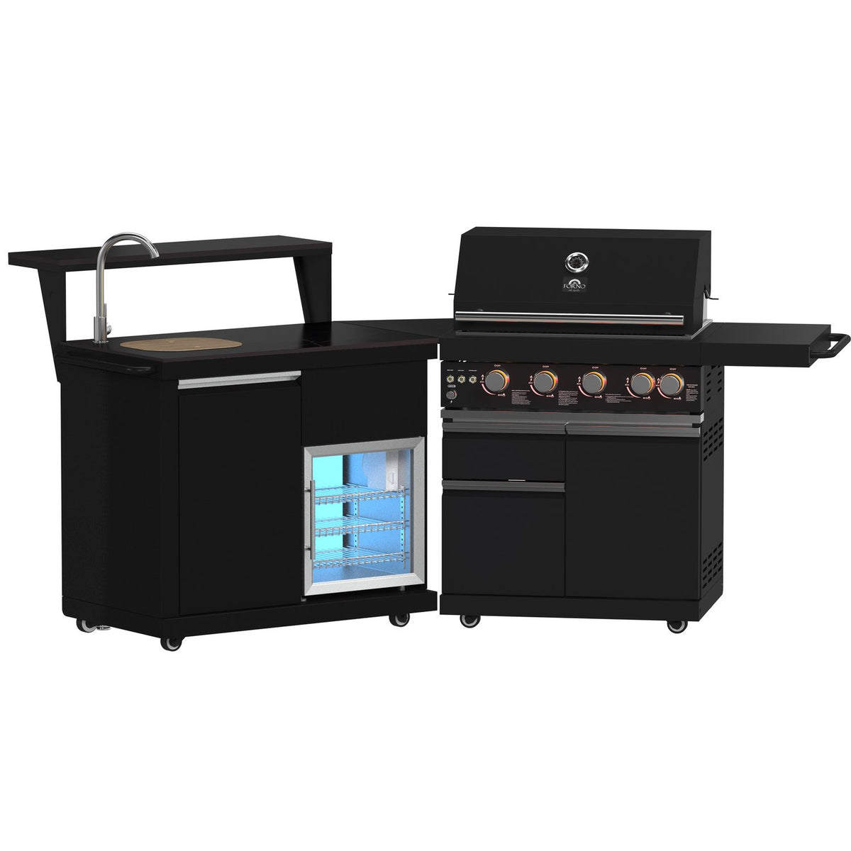 FORNO FODKT2582BLK Outdoor Kitchen w/ BBQ, Sink Module, Bar & Beverage Center - Black