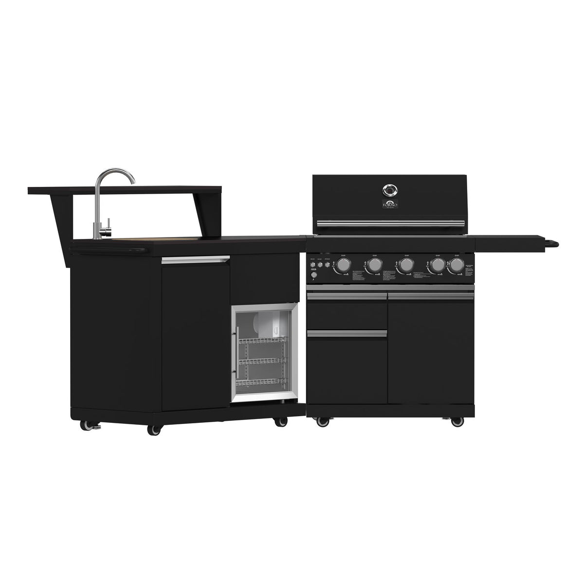 FORNO FODKT2582BLK Outdoor Kitchen w/ BBQ, Sink Module, Bar & Beverage Center - Black