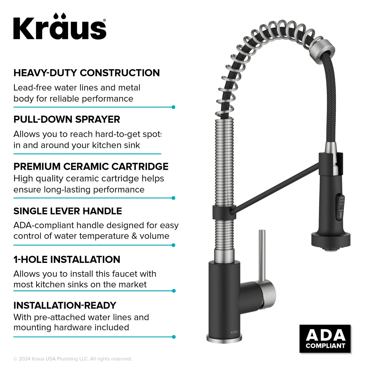 KRAUS KPF-1610SSMB  Bolden Commercial Style 2-Function Single Handle Pull Down Kitchen Faucet