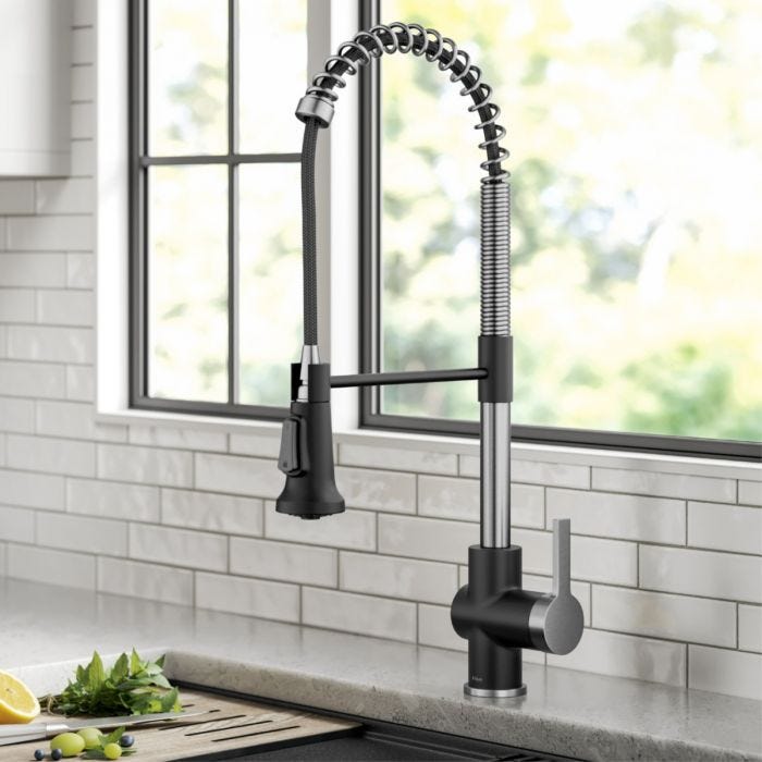 KRAUS Commercial Style Pull-Down Single Handle Kitchen Faucet in Spot-Free Stainless Steel/Matte Black