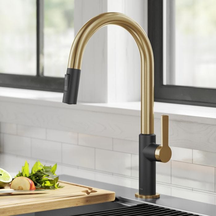 KRAUS Oletto Single Handle Pull-Down Kitchen Faucet in Brushed Brass / Matte Black