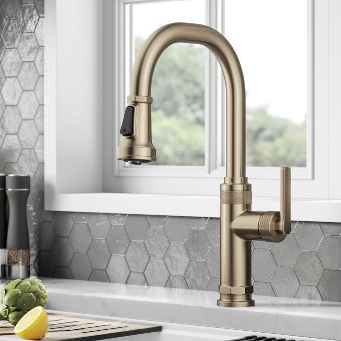 KRAUS Allyn Industrial Pull-Down Single Handle Kitchen Faucet in Antique Champagne Bronze
