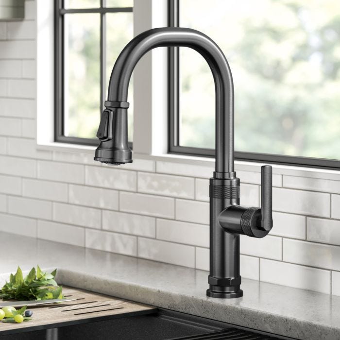 KRAUS Allyn Industrial Pull-Down Single Handle Kitchen Faucet in Black Stainless Steel