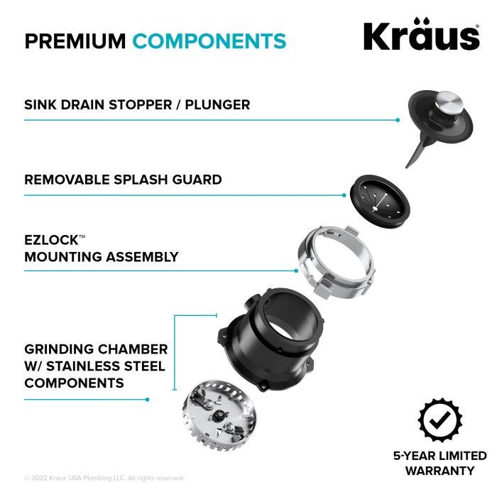 KRAUS 1/2 HP Ultra-Quiet Motor Garbage Disposal, Power Cord and Flange Included