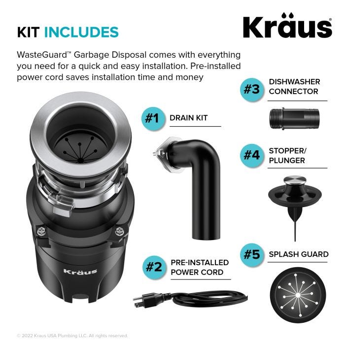 KRAUS 1/3 HP Ultra-Quiet Motor Garbage Disposal, Power Cord and Flange Included