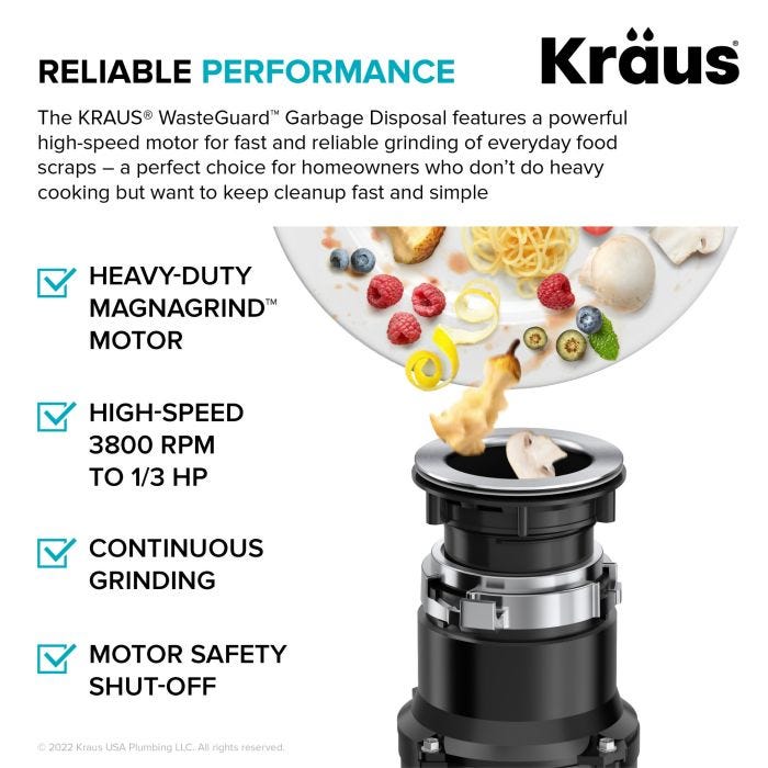 KRAUS 1/3 HP Ultra-Quiet Motor Garbage Disposal, Power Cord and Flange Included