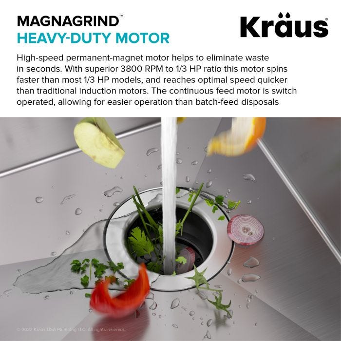 KRAUS 1/3 HP Ultra-Quiet Motor Garbage Disposal, Power Cord and Flange Included