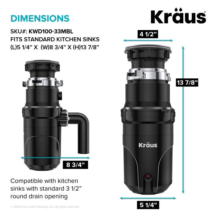 KRAUS 1/3 HP Ultra-Quiet Motor Garbage Disposal, Power Cord and Flange Included