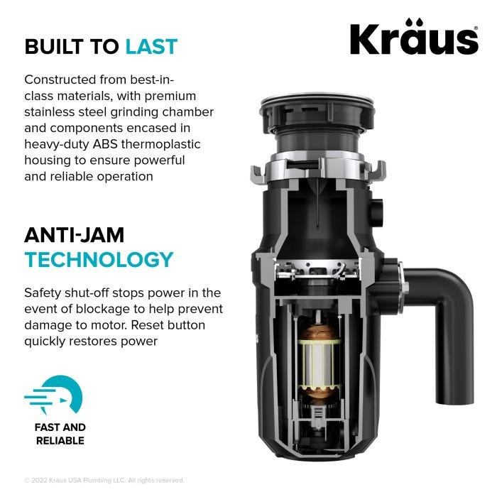 KRAUS 1/2 HP Ultra-Quiet Motor Garbage Disposal, Power Cord and Flange Included