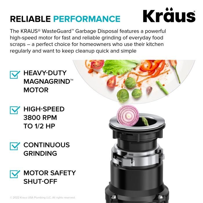 KRAUS 1/2 HP Ultra-Quiet Motor Garbage Disposal, Power Cord and Flange Included